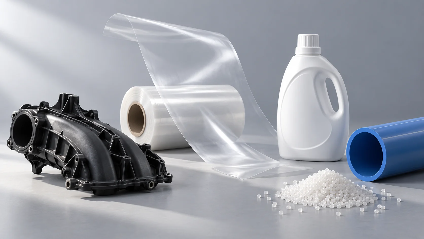 Polymer applications: film, bottle, molded component, pipe and resin pellets